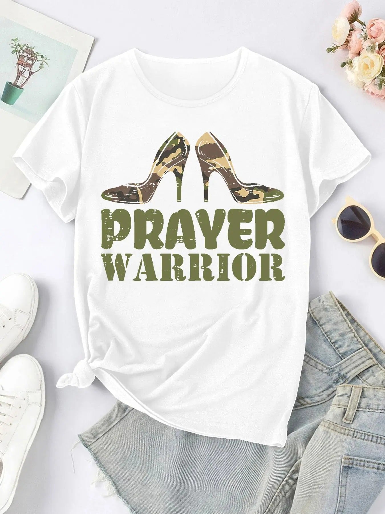 Women'WB shield Camo High Heels & Letter Print Round Neck Tee, Fashion Casual Crew Neck T-Shirt for Daily Holiday...