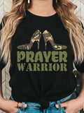 Women'WB shield Camo High Heels & Letter Print Round Neck Tee, Fashion Casual Crew Neck T-shirt for Daily Holiday...