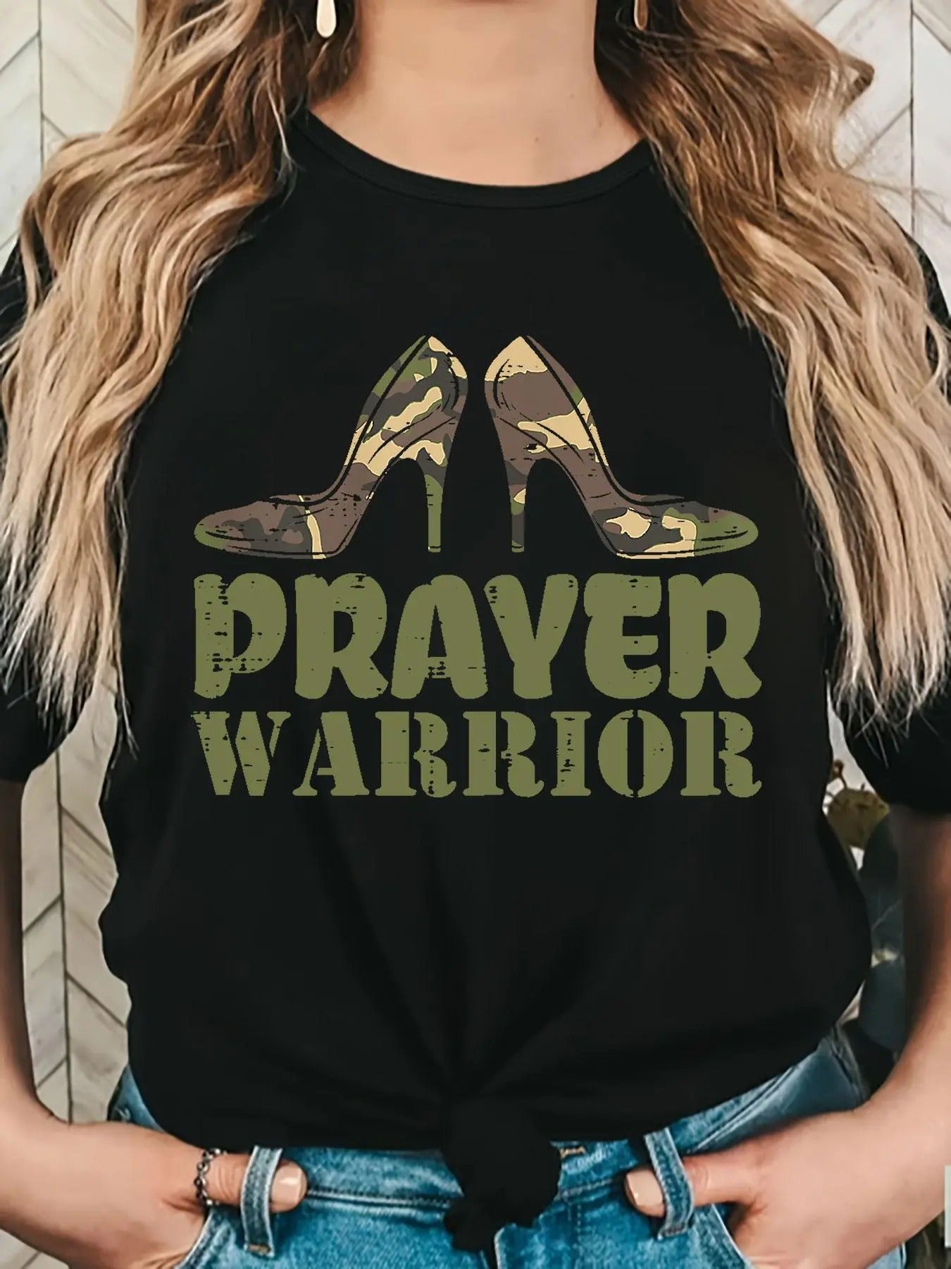 Women'WB shield Camo High Heels & Letter Print Round Neck Tee, Fashion Casual Crew Neck T-shirt for Daily Holiday...