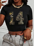 Women'WB shield Camo Number Print Round Neck Crop Tee, Casual Short Sleeve T-shirt for Summer, Ladies TNF for Daily Wear...