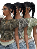 Women'WB shield Camo Print Round Neck Crop Tee, Casual Slim-fitting Short Sleeve T-shirt, Ladies Summer TNF for Daily...