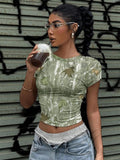 Women'WB shield Camo Print Round Neck Crop Tee, Vintage Trendy Casual Short Sleeve T-shirt for Daily Wear, Ladies Summer...