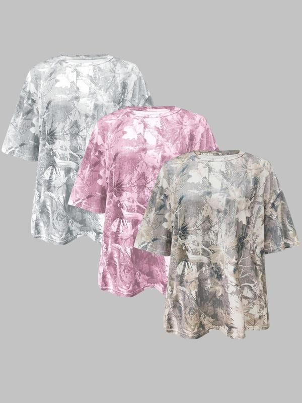 Women'WB shield Camo Print Round Neck Tee, Casual Short Sleeve Crew Neck T-Shirt for Summer, Ladies TNF for Daily Wear,...