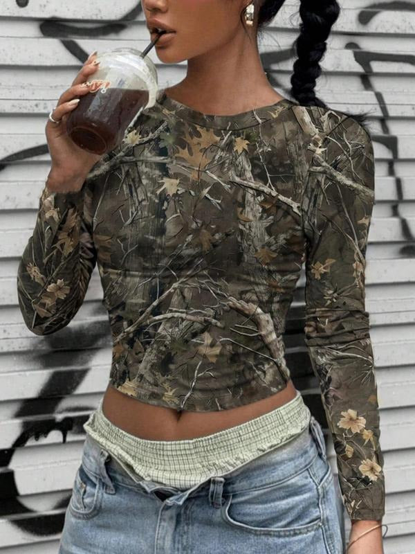 Women'WB shield Camo Print Round Neck Tee, Vintage Street Fashion Casual Long Sleeve T-shirt for Daily Wear, Ladies TNF...