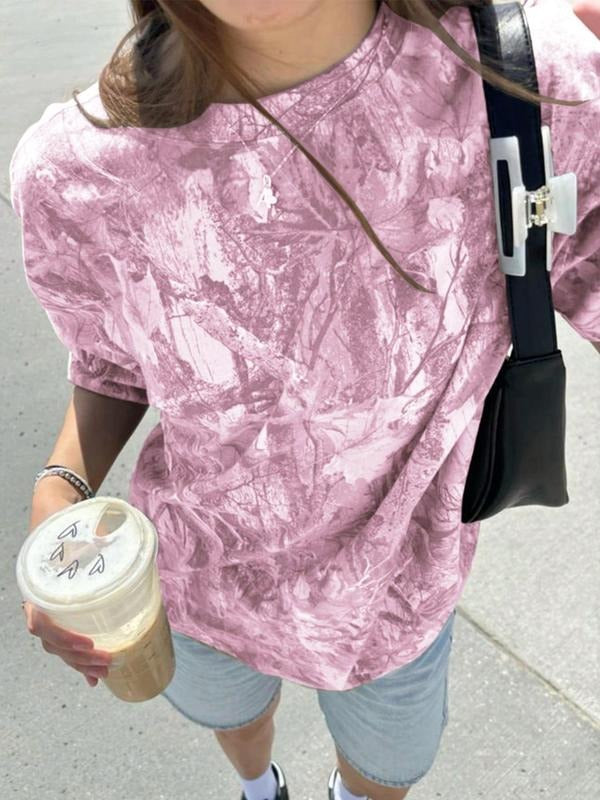 Women'WB shield Camo Print Round Neck Tee, Vintage Trendy Casual Short Sleeve T-shirt for Daily Wear, Ladies Summer...