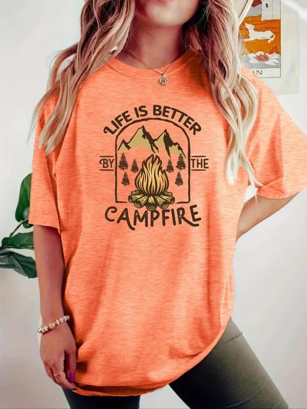 Women'WB shield Camping Graphic Print Round Neck Tee, Casual Fashion Short Sleeve T-shirt, Ladies Summer TNF for Daily...