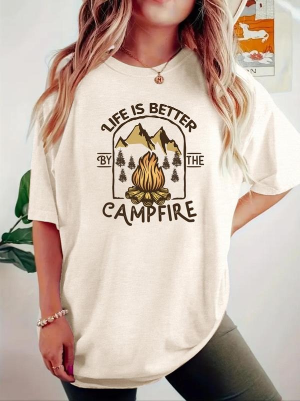 Women'WB shield Camping Graphic Print Round Neck Tee, Casual Fashion Short Sleeve T-shirt, Ladies Summer TNF for Daily...