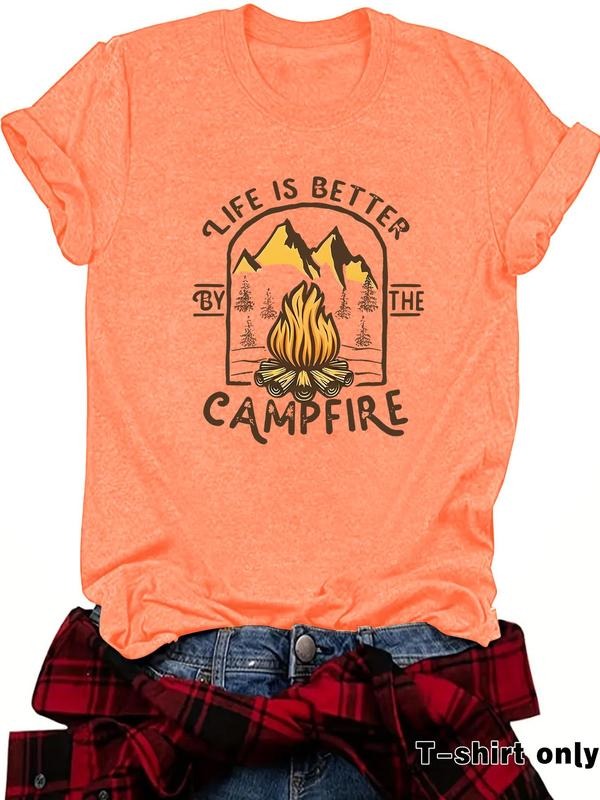 Women'WB shield Camping Graphic Round Neck Tee, Fashion Casual Crew Neck T-Shirt for Daily Holiday Vacation Outdoor Wear,...