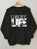Women'WB shield Camping Life Letter Print Round Neck Sweatshirt, Casual Long Sleeve Crew Neck Pullover for Spring & Fall,...