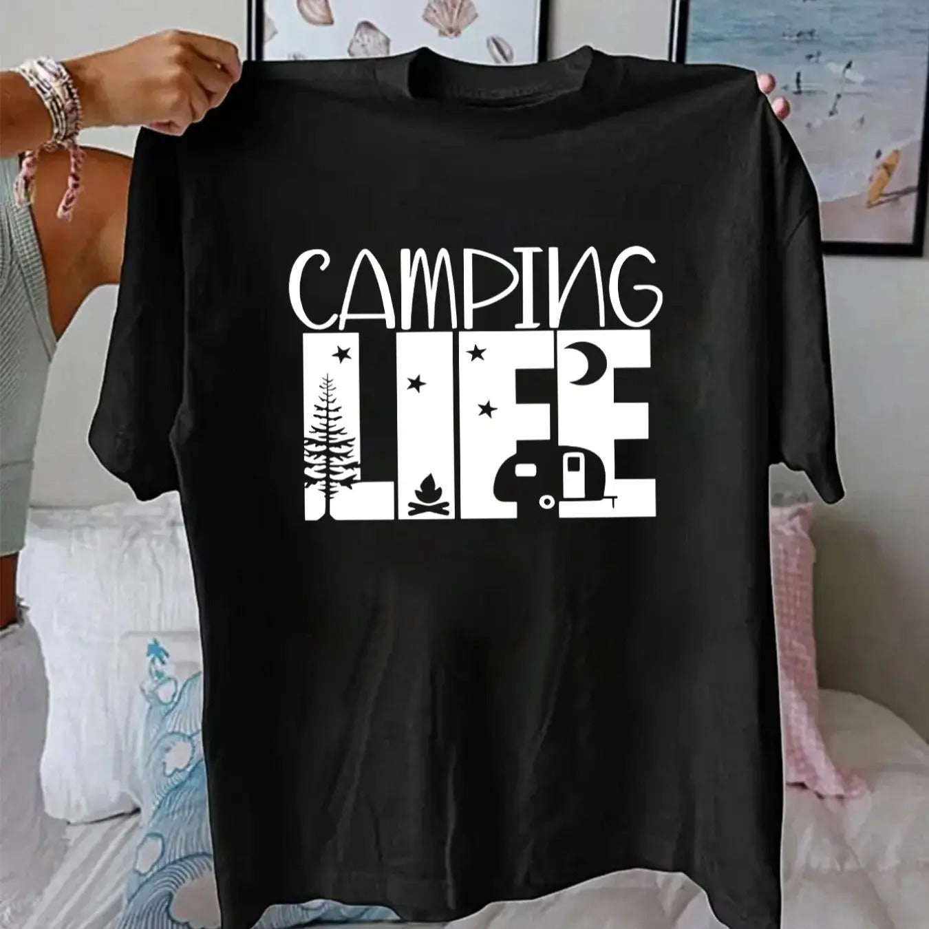 Women'WB shield Camping Life Letter Print Round Neck Tee, Casual Short Sleeve T-shirt for Spiky hair fighters Seasons,...