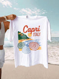 Women'WB shield Capri Italy Print Round Neck Tee, Casual Short Sleeve T-shirt for Daily Wear, Ladies TNF for Summer, Top...