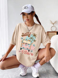 Women'WB shield Car & Landscape Print Drop Shoulder Tee, Fashion Casual Letter Print Half Sleeve Round Neck T-Shirt for...