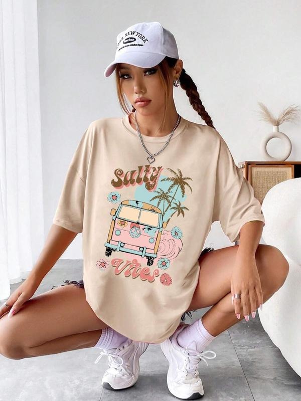 Women'WB shield Car & Landscape Print Drop Shoulder Tee, Fashion Casual Letter Print Half Sleeve Round Neck T-Shirt for...