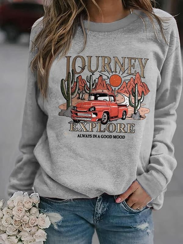 Women'WB shield Car & Letter & Cactus Print Drop Shoulder Sweatshirt, Casual Long Sleeve Round Neck Pullover for Fall &...