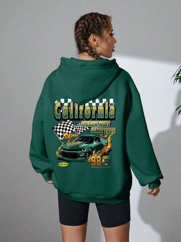 Women'WB shield Car & Letter & Fire Print Drop Shoulder Hoodie, Fashion Casual Drawstring Pocket Hooded Sweatshirt for...