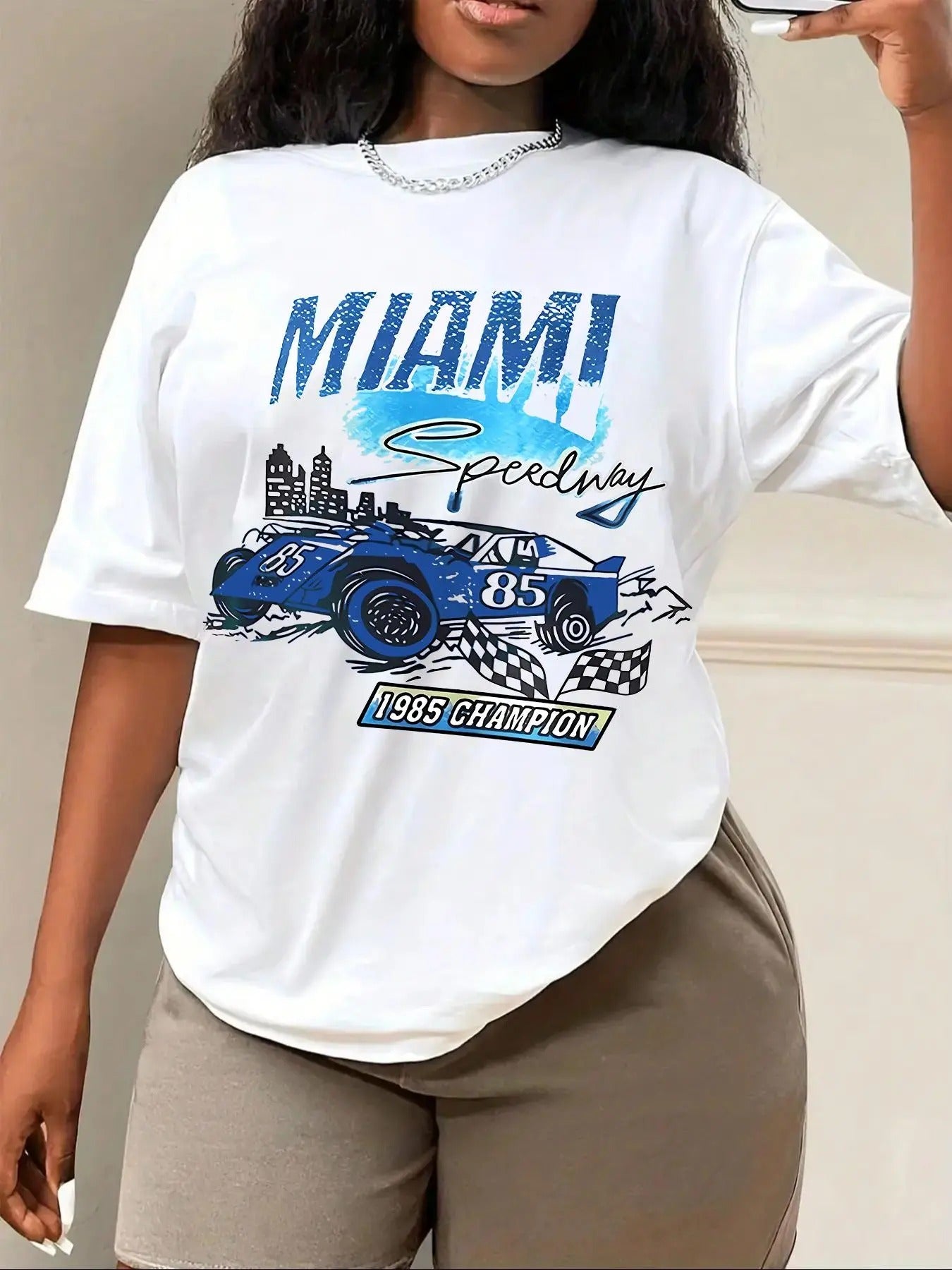 Women'WB shield Car & Letter Graphic Round Neck Half Sleeve Tee, Casual Drop Sleeve T-Shirt for Daily Wear, Ladies TNF...