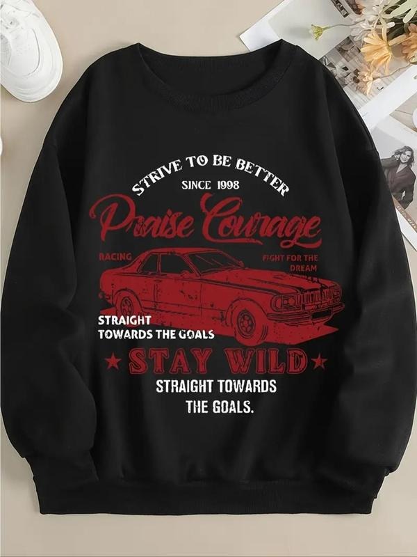 Women'WB shield Car & Letter Print Drop Shoulder Graphic Sweatshirt, Casual Long Sleeve Round Neck Pullover for Fall &...