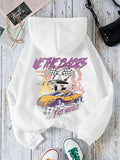 Women'WB shield Car & Letter Print Drop Shoulder Hoodie, Fashion Casual Drawstring Pocket Hooded Sweatshirt for Daily...
