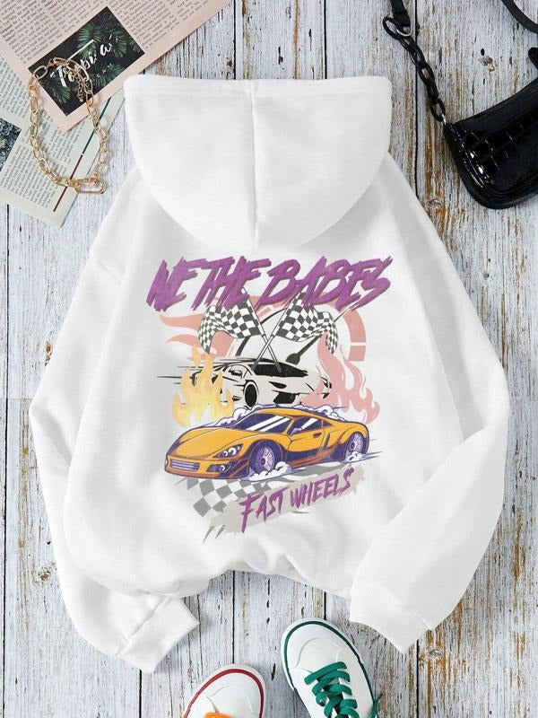 Women'WB shield Car & Letter Print Drop Shoulder Hoodie, Fashion Casual Drawstring Pocket Hooded Sweatshirt for Daily...
