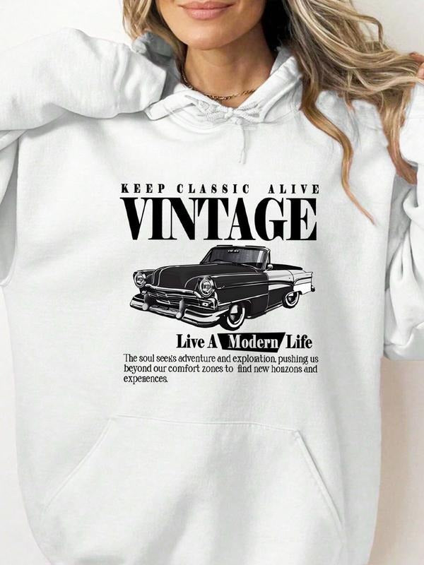 Women'WB shield Car & Letter Print Drop Shoulder Hoodie, Fashion Casual Drawstring Pocket Hooded Sweatshirt for Daily...
