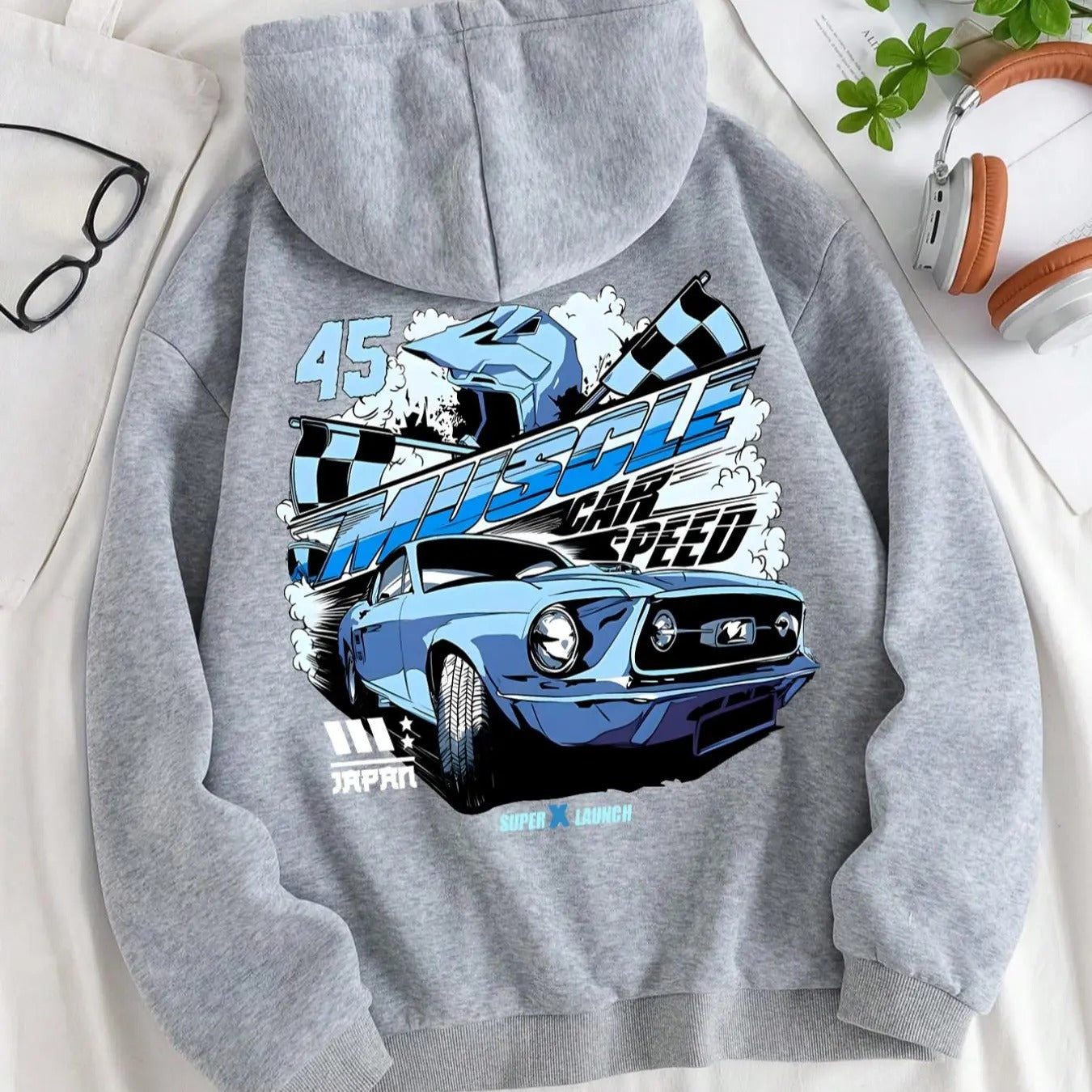 Women'WB shield Car & Letter Print Drop Shoulder Hoodie, Fashion Casual Drawstring Pocket Hooded Sweatshirt for Daily...