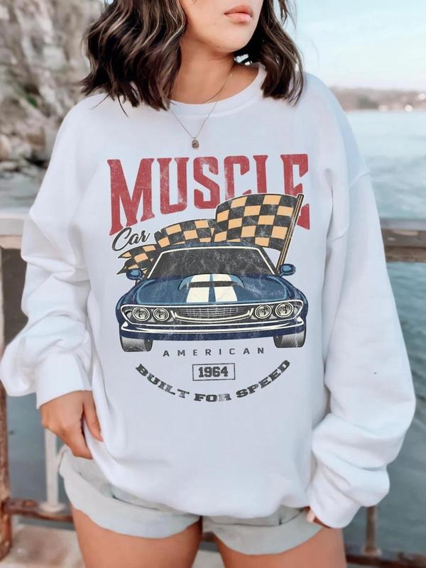 Women'WB shield Car & Letter Print Drop Shoulder Sweatshirt, Street Casual Long Sleeve Round Neck Pullover for Fall &...