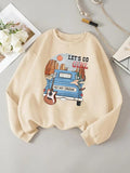 Women'WB shield Car & Letter Print Drop Shoulder TNF Lined Sweatshirt, Casual Long Sleeve Round Neck Pullover for Daily...