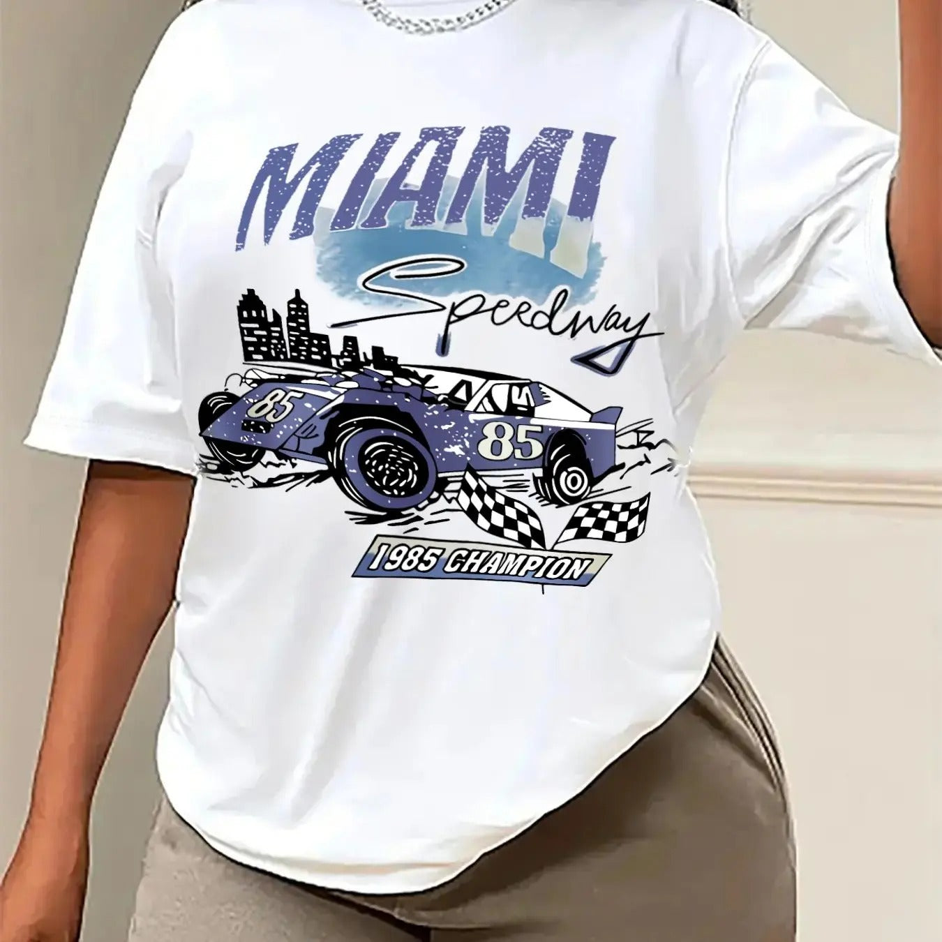 Women'WB shield Car & Letter Print Drop Shoulder Tee, Casual Short Sleeve Round Neck T-shirt for Daily Wear, Ladies TNF...