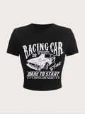 Women'WB shield Car & Letter Print Round Neck Crop Tee, Fashion Casual Crew Neck T-shirt for Daily Holiday Vacation...
