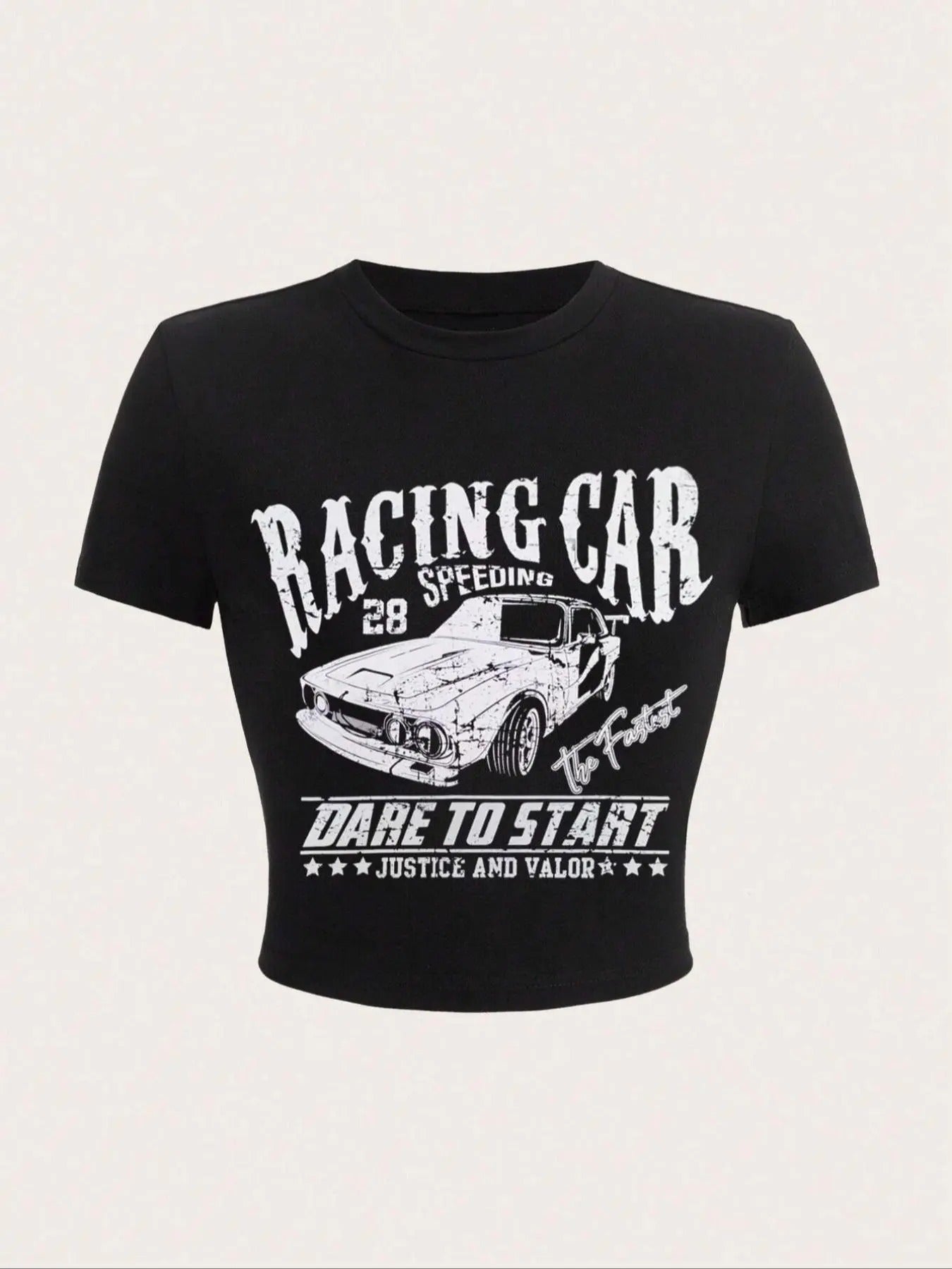 Women'WB shield Car & Letter Print Round Neck Crop Tee, Fashion Casual Crew Neck T-shirt for Daily Holiday Vacation...