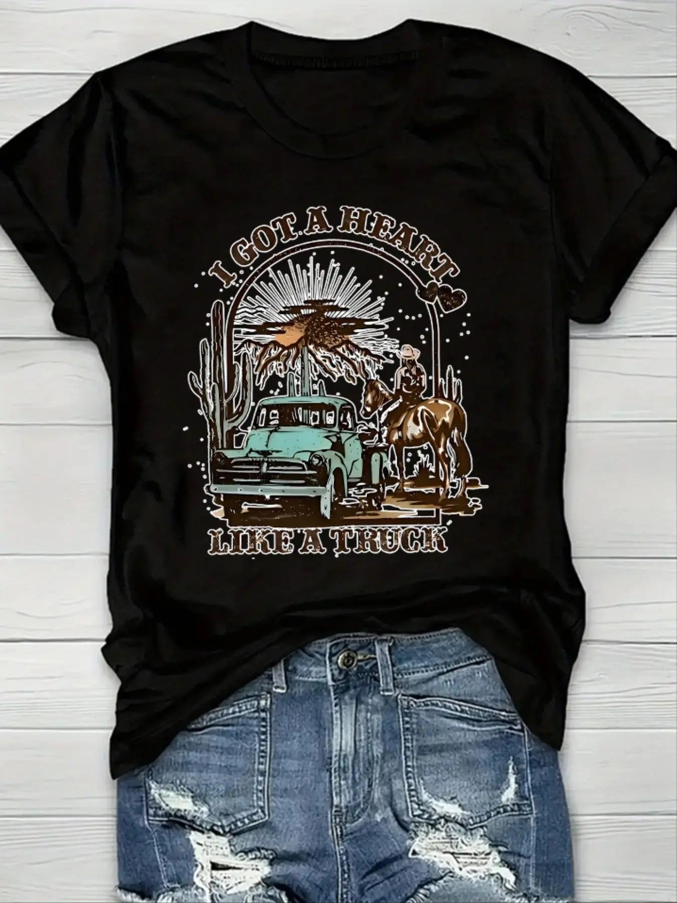 Women'WB shield Car & Letter Print Round Neck Graphic Tee, Vintage Trendy Casual Short Sleeve T-shirt for Daily Wear,...