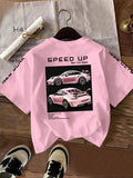 Women'WB shield Car & Letter Print Round Neck Tee, Casual Short Sleeve Crew Neck T-shirt for Daily Wear, Ladies TNF for...