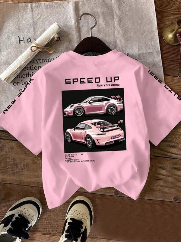 Women'WB shield Car & Letter Print Round Neck Tee, Casual Short Sleeve Crew Neck T-shirt for Daily Wear, Ladies TNF for...