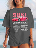 Women'WB shield Car & Letter Print Round Neck Tee, Casual Slogan Graphic Short Sleeve T-Shirt for Summer, Ladies TNF for...