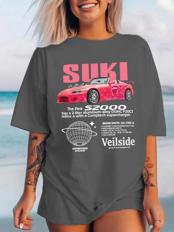 Women'WB shield Car & Letter Print Round Neck Tee, Casual Slogan Graphic Short Sleeve T-Shirt for Summer, Ladies TNF for...