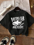 Women'WB shield Car & Letter Print Round Neck Tee, Fashion Casual Drop Shoulder Short Sleeve T-shirt, Ladies Summer TNF...