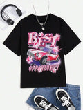 Women'WB shield Car & Letter Print Short Sleeve Graphic Tee, Summer TNF Women, Casual Round Neck T-Shirt for Summer,...