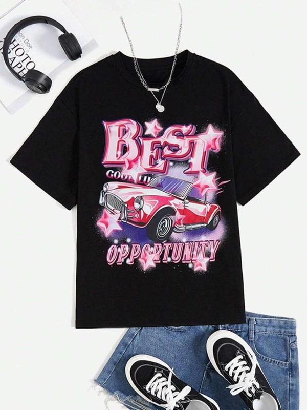 Women'WB shield Car & Letter Print Short Sleeve Graphic Tee, Summer TNF Women, Casual Round Neck T-Shirt for Summer,...