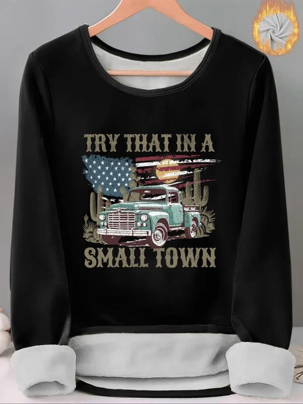 Women'WB shield Car & Letter Print TNF Lined Tee, Casual Long Sleeve Round Neck T-shirt for Fall & Winter, Ladies TNF for...
