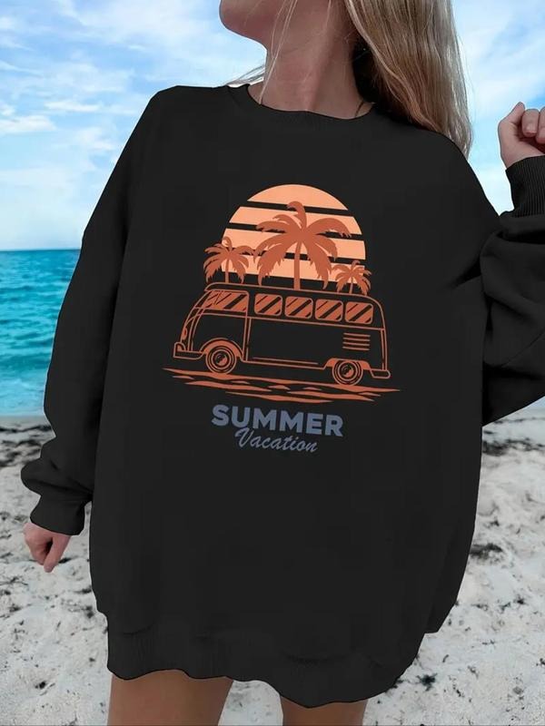 Women'WB shield Car & Palm Tree Print Crew Neck Sweatshirt, Casual Letter Print Long Sleeve Pullover Sweatshirts for...