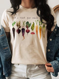 Women'WB shield Carrot & Letter Graphic Round Neck Tee, Fashion Casual Crew Neck Short Sleeve T-Shirt for Daily Wear,...