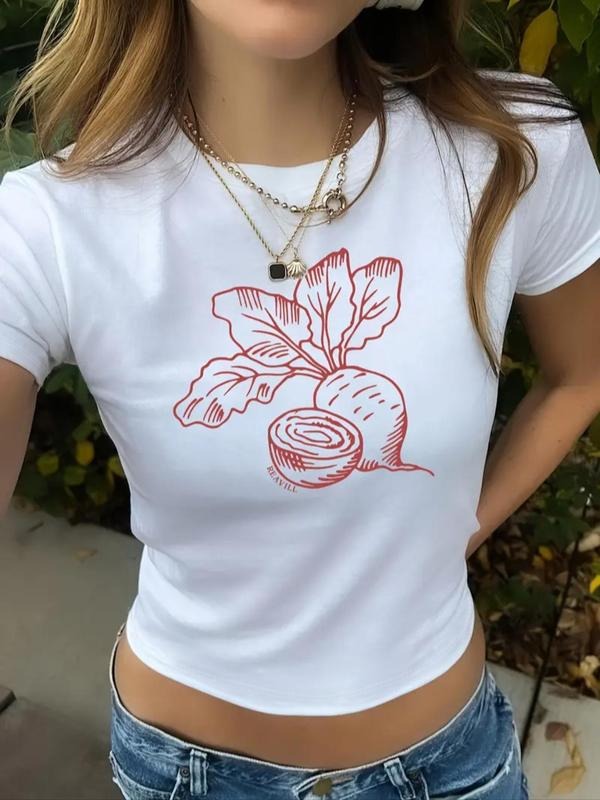 Women'WB shield Carrot Print Round Neck Tee, Casual Short Sleeve Crew Neck T-shirt for Summer, Fashion Women'WB shield...