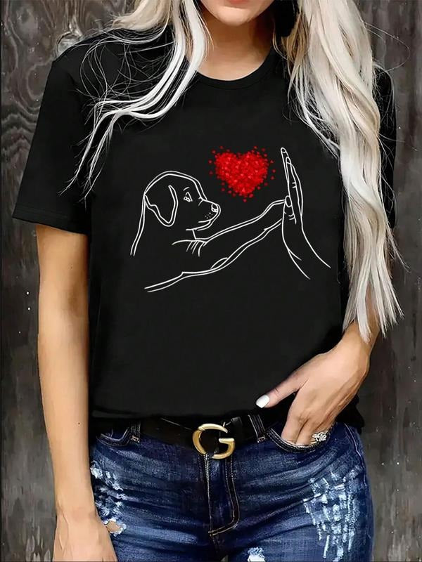 Women'WB shield Cartoon & Heart Print Round Neck Tee, Fashion Casual Crew Neck T-shirt for Daily Holiday Vacation Outdoor...