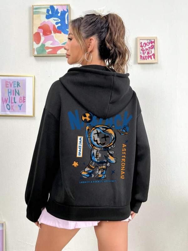 Women'WB shield Cartoon & Letter Print Drop Shoulder Hoodie, Fashion Casual Drawstring Pocket Hooded Sweatshirt for Daily...