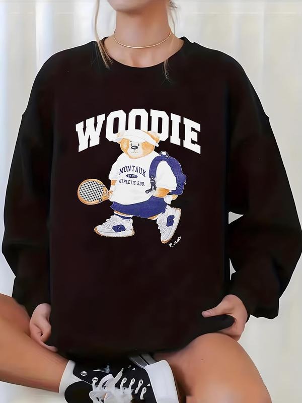 Women'WB shield Cartoon & Letter Print Drop Shoulder Sweatshirt, Casual Fashion Long Sleeve Round Neck Pullover For Daily...