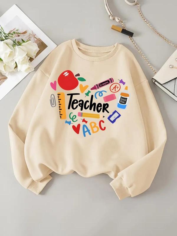 Women'WB shield Cartoon & Letter Print Drop Shoulder Sweatshirt, Casual Long Sleeve Round Neck Pullover for Daily Wear,...
