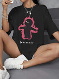 Women'WB shield Cartoon & Letter Print Drop Shoulder Tee, Fashion Casual Round Neck Half Sleeve T-Shirt for Daily Wear,...