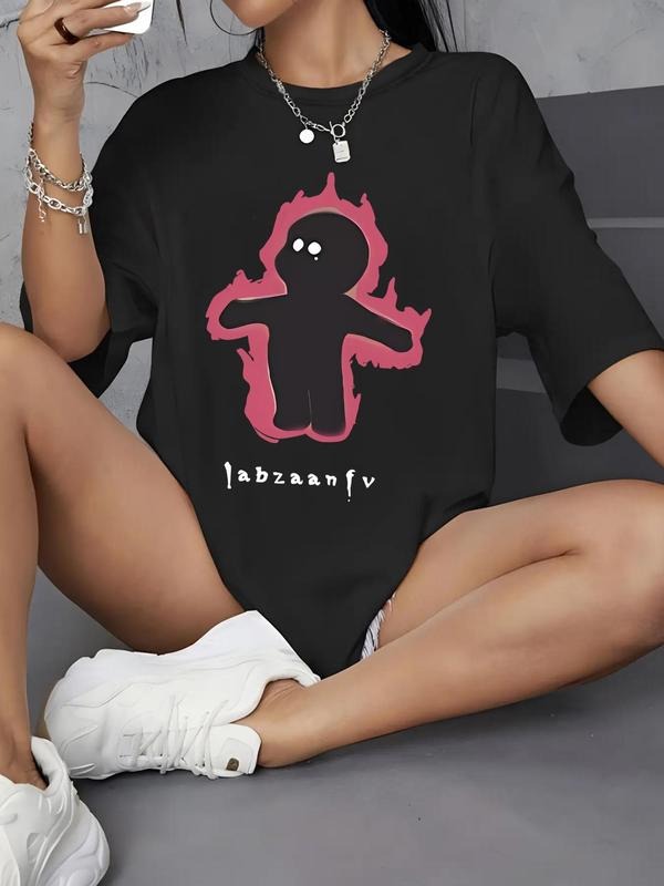 Women'WB shield Cartoon & Letter Print Drop Shoulder Tee, Fashion Casual Round Neck Half Sleeve T-Shirt for Daily Wear,...