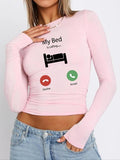 Women'WB shield Cartoon & Letter Print Mock Neck Tee, Casual Long Sleeve Skinny T-Shirt for Daily Wear, Ladies TNF for...