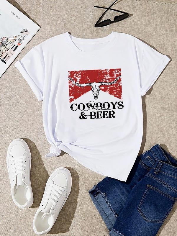 Women'WB shield Cartoon & Letter Print Round Neck Graphic Tee, Summer TNF Women, Casual Short Sleeve Crew Neck T-Shirt...